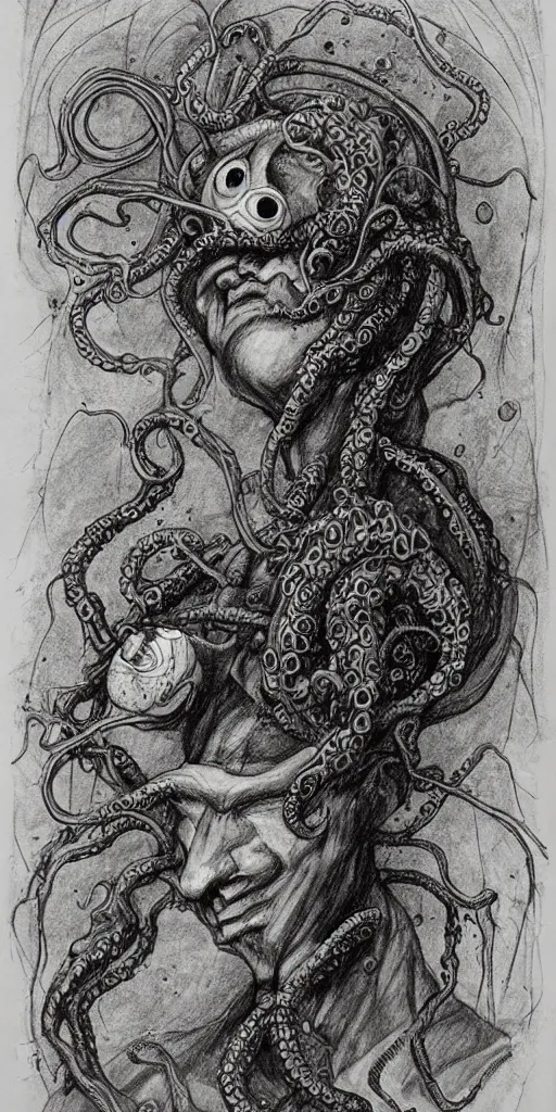 Prompt: high detailed drawing a man with the head of a broken egg, with arms of tentacles. He has a knife in his hand and splatters micro droplets, Brian Froud style
