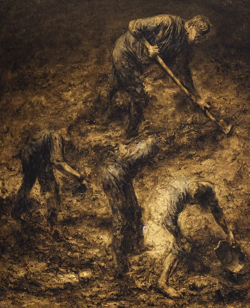 Image similar to a man with a shovel standing digging up a grave with a dead body, by Nicola Samori, painting, 8k, high detail, subtle blue, orange, and dark green tones, high quality, high detail, dark colors, sinister atmosphere, dramatic lighting, cinematic, establishing shot, extremely high detail, photo realistic, cinematic lighting