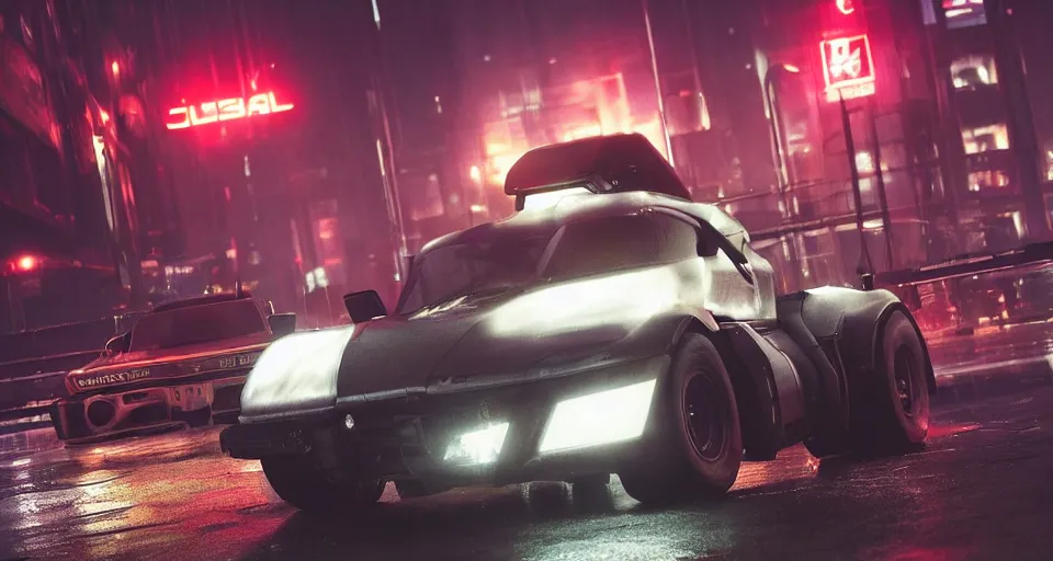 Image similar to closeup photo of combat tesla cybertruck flying over wet dystopian cyberpunk city streets at night, mad max, action, speed, volumetric lighting, hdr, need for speed, gta 5, forza, ridley scott, makoto shinkai, syd mead, craig mullins, cinematic, fast and furious, blade runner, octane, 8 k, iso 1 0 0, 1 2 mm