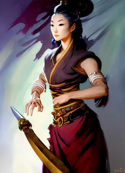 Image similar to magic : the gathering fantasy character concept art by frank frazetta and marco bucci, high resolution. a clear portrait of a stunning female south korean chef, wearing a beautiful hanbok apron, holding a kitchen knife, radiating powerful energy in the background, south korean vibes, fantasy coloring, intricate, digital painting, artstation, smooth, sharp focus