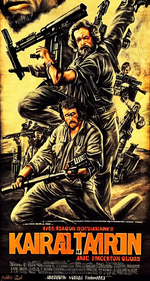 Image similar to very detailed 70s action movie poster with one Karl Marx with a machine gun, drawing 4k, grainy picture cinematic dramatic light