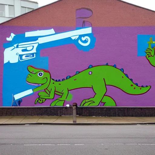 Image similar to belfast mural of barney the dinosaur holding an ak - 4 7