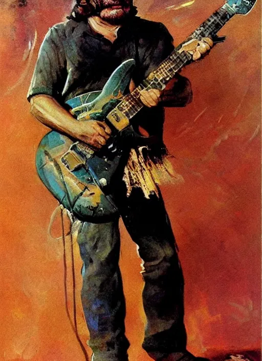 Image similar to Wilford Brimley shredding on an electric guitar, painting by Frank Frazetta