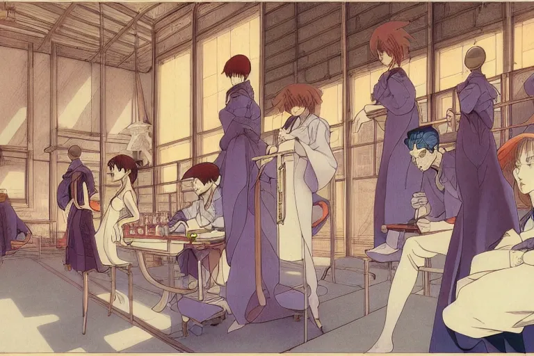 Image similar to cel shaded study of a group of alchemists in a late renaissance laboratory, key visual with intricate linework, in the stlye of moebius, ayami kojima, 90's anime, retro fantasy