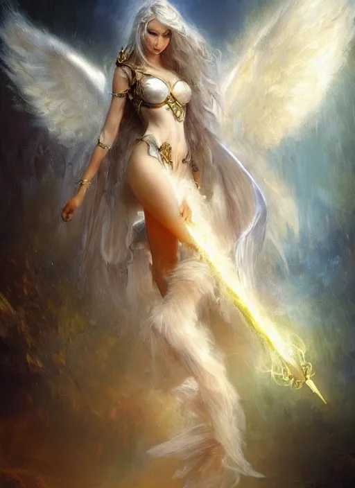 Image similar to concept art, angel knight girl. by artstation trending, by joseph mallord william turner, luis royo, konstantin razumov, cinematic lighting, fractal flame, highly detailed