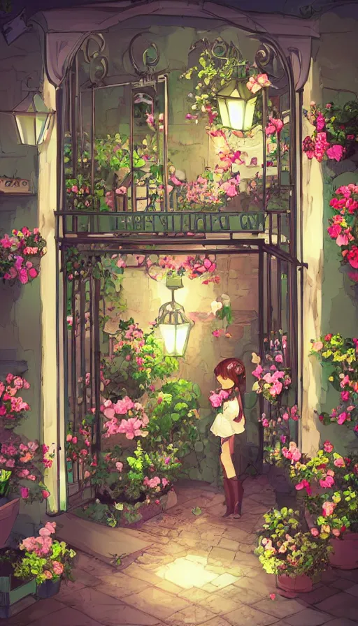 Image similar to a little flower shop's front gate, nostalgic, fresh digital illustrati on, dramatic lighting, pixiv