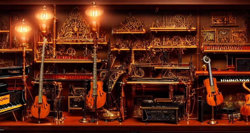 Image similar to a shelf of amazing magical musical instruments, cinematic lighting, detailed, beautiful colors, ornate, by greg rutowski and wlop 4 k