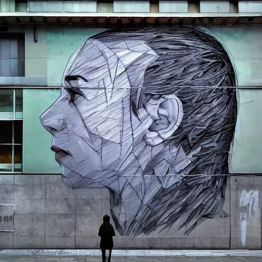 Prompt: by makoto shinkai brash. a street art of a human head seen from multiple perspectives at once, as if it is being turned inside out. every angle & curve of the head is explored & emphasized, creating an optical illusion.