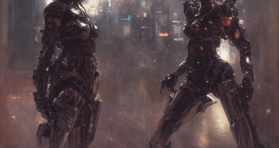 Prompt: full body girl metal armor cyberpunk gun poses tokyo night beautifull face alice otsu no blur by gaston bussiere, greg rutkowski, yoji shinkawa, yoshitaka amano, tsutomu nihei, donato giancola, tim hildebrandt, oil on canvas, trending on artstation, featured on pixiv, cinematic composition, 8 k