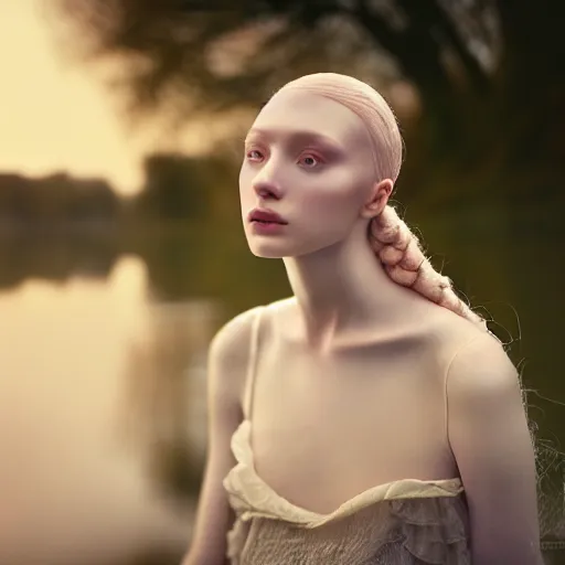 Prompt: photographic portrait of a stunningly beautiful ethereal unusual english renaissance female in soft dreamy light at sunset, beside the river, soft focus, contemporary fashion shoot, hasselblad nikon, in a denis villeneuve and tim burton movie, by edward robert hughes, annie leibovitz and steve mccurry, david lazar, jimmy nelsson, extremely detailed, breathtaking, hyperrealistic, perfect face