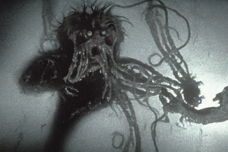 Image similar to scary intense grotesque disgusting filmic wide shot angle movie still 35mm film color photograph of a shape shifting horrific nightmarish abstract alien organism spewing toxic spined tentacles made out of flesh strangling a doctor wearing a lab coat and surgical mask in the style of a horror film The Thing 1982