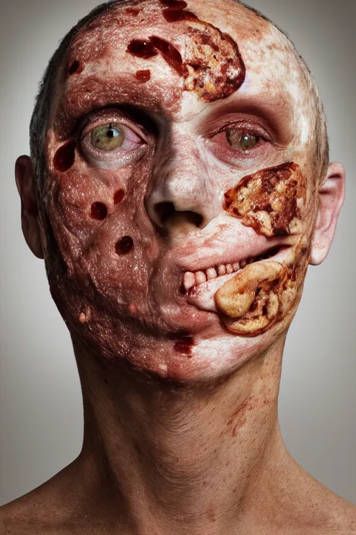 Prompt: portrait of man with facial de formity making the head a flat and circular disc, looking like a pizza, uneven skin with baked crust appearance, large freckles like burnt spots, cheeks look like tomato slices, muted colors, soft lighting, sharp focus, neut ral background, masterpiece, photo by jimmy nelson, giger, cindy sherman