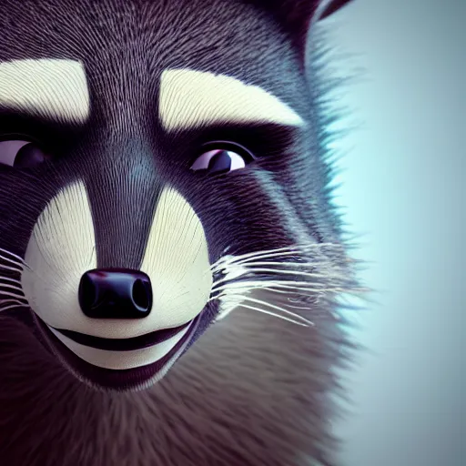 Image similar to portrait of a smiling devious racoon, dramatic lighting, 3d rendered in octane, trending on cgsociety,