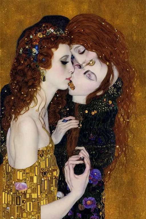 Image similar to two beautiful young gothic maidens, angel and demon, kiss, highly detailed, artstation, illustration, art by Gustav Klimt