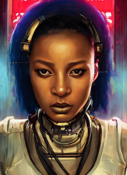 Image similar to Sophie Igwe. Strong Beautiful Cyberpunk mechanic with robotic legs. (Cyberpunk 2077, bladerunner 2049). Gorgeous face. Iranian orientalist portrait by john william waterhouse and Edwin Longsden Long and Theodore Ralli and Nasreddine Dinet, oil on canvas. Cinematic, vivid colors, hyper realism, realistic proportions, dramatic lighting, high detail 4k