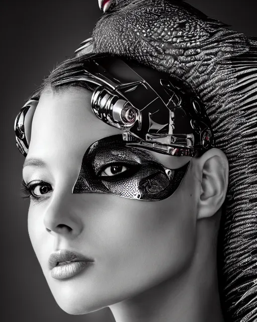 Image similar to a profile portrait, a stunning young woman - cyborg with a mutant crow head, editorial photography, bw, shot on 7 0 mm, depth of field, f / 2. 8, high contrast, 1 6 k, volumetric lighting, shiny, insanely detailed and intricate, hypermaximalist, elegant, ornate, hyper realistic, super detailed