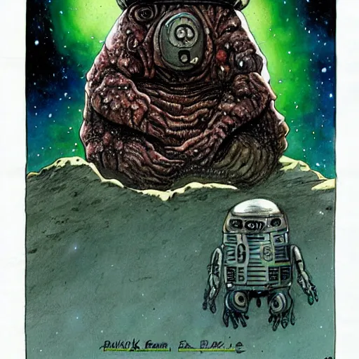 Prompt: the alien cosmic tardigrade that awaits you at the end of all of space and time, by enki bilal