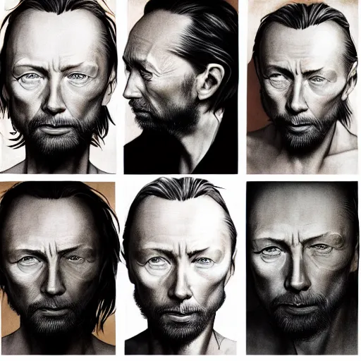 Prompt: collages, hyper realistic, many variations portrait of very old thom yorke, face variations, singer songwriter, ( side ) profile, liminal space, by lee bermejo, alphonse mucha and greg rutkowski, greybeard, smooth face, cheekbones