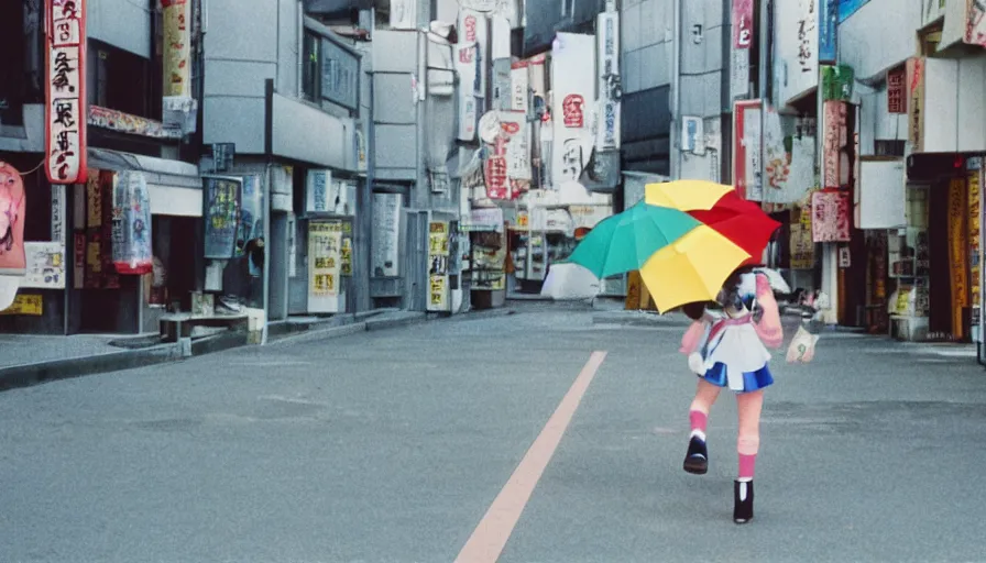 Prompt: A film still from a 1990s Sailor Moon cartoon featuring a girl with an umbrella walking through a side street in Japan