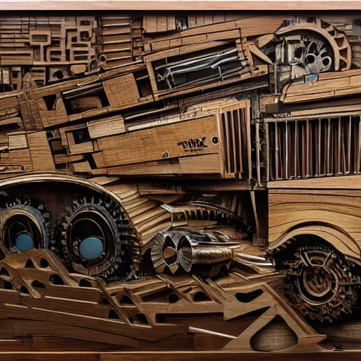 Prompt: mechanical tirex in urbanistic wood, hyperrealistic, style of james gurney