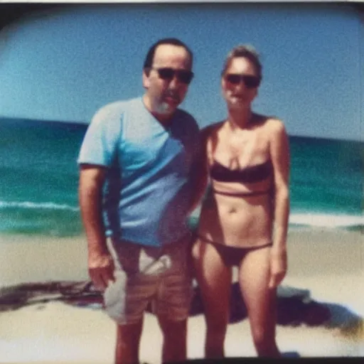 Image similar to found polaroid of my parents at beach, who look exactly like Taylor Swift and Nicolas Cage