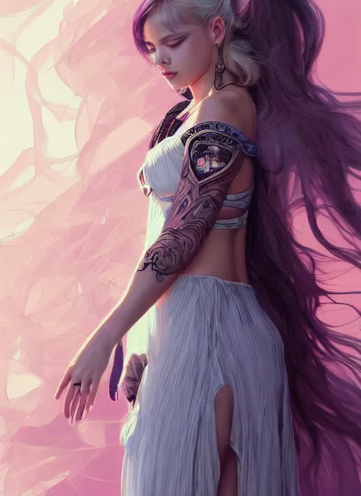 Prompt: jossi of blackpink, wearing a semi transparent dress, m, deep focus, d & d, fantasy, intricate, elegant, highly detailed, digital painting, artstation, concept art, matte, sharp focus, illustration, hearthstone, art by artgerm and greg rutkowski and alphonse mucha