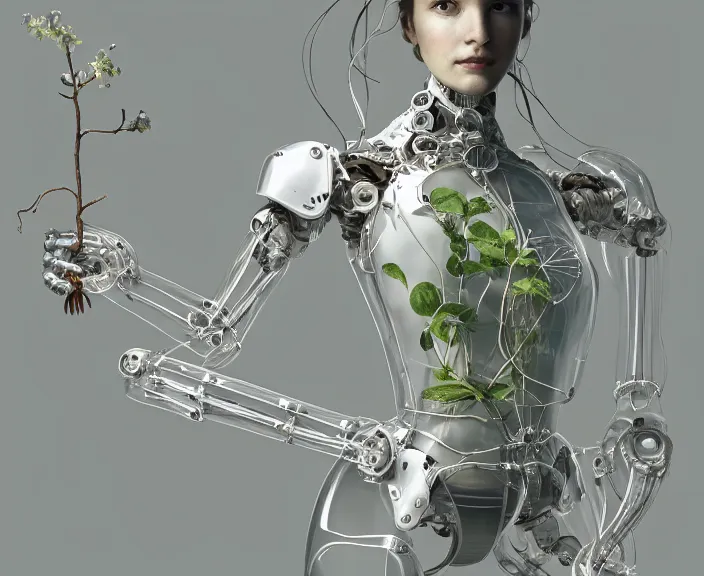 Image similar to simplicity, transparent clear see - through image of simple robot, botanical, floral environment, ultra realistic, concept art, product design, photorealistic, octane render, 8 k, unreal engine. art by gustave dore and nori inoguchi and sam kaplan and zachary goulko and christopher marley and artgerm and alphonse mucha