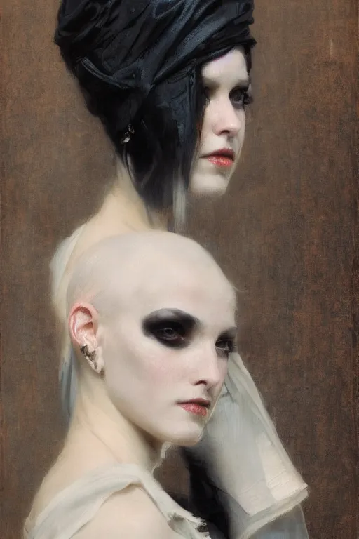 Image similar to Richard Schmid and Jeremy Lipking and Roberto Ferri full length portrait painting of a young beautiful victorian steampunk goth punk rock woman covered head in black except for face