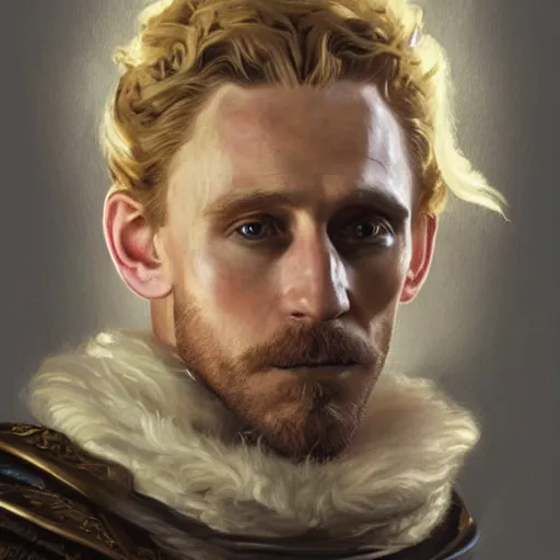 Prompt: blonde medieval nobleman, tom hiddleston, D&D, doublet, painted fantasy character portrait, highly detailed, digital painting, artstation, concept art, sharp focus, illustration, art by artgerm and greg rutkowski and alphonse mucha