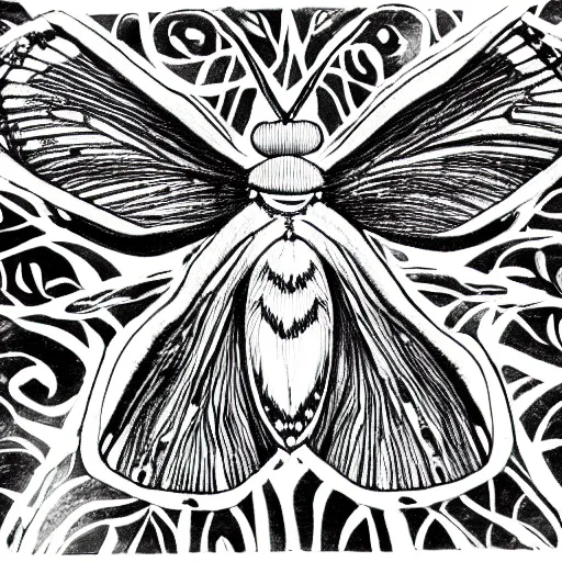 Image similar to moth, black and white, botanical illustration, black ink on white paper, bold lines