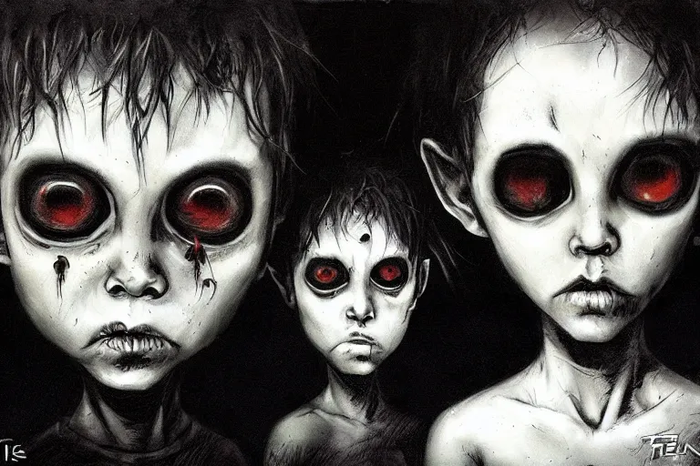 Image similar to black eyed kids, grey alien eyes, by ben templesmith