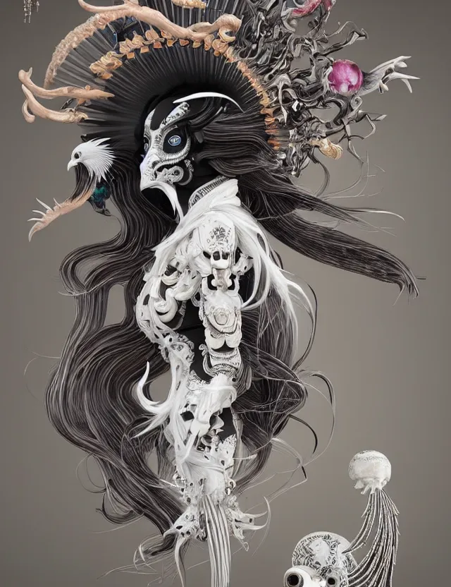 Image similar to 3 d goddess ram skull half - turn portrait with long hair with ram skull. beautiful intricately detailed japanese crow kitsune mask and clasical japanese kimono. betta fish, jellyfish phoenix, bio luminescent, plasma, ice, water, wind, creature, artwork by tooth wu and wlop and beeple and greg rutkowski