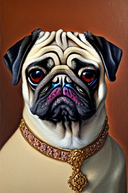 Prompt: a royal portrait of a wall - eyed pug, oil on canvas, intricate details, soft colors