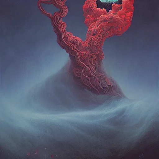 Prompt: the night sky is black and full of stars, huge red eyes are floating in the sky, their irises are red, ethereal tentacles, by Esao Andrews and Karol Bak and Zdzislaw Beksinski and Zdzisław Beksiński, trending on ArtStation, volumetric smoke