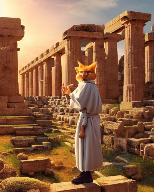 Image similar to fullbody photo of humanoid cute fluffy caracal dressed in toga, sun behind him, ancient greek city, sunny day, by ilya kuvshinov, rtx rendering, octane render 1 2 8 k, maya, extreme high intricate details by tom bagshaw, medium shot, composition by sana takeda, lighting by greg rutkowski