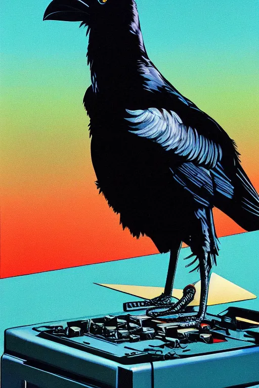 Image similar to a raven standing amongst 8 0 s era technology, vintage shapes, retro technology, pantone color, wayne barlow, oil on canvas, deep depth of field, masterpiece, cinematic composition, hyperdetailed