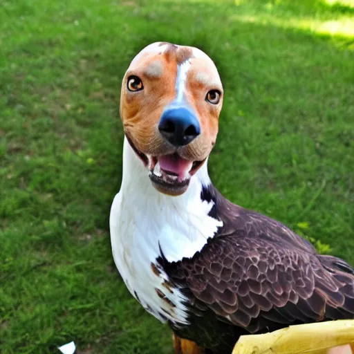 Image similar to An award winning snapshot of a beautiful eagle pitbull hybrid, playing with the children in the back yard.