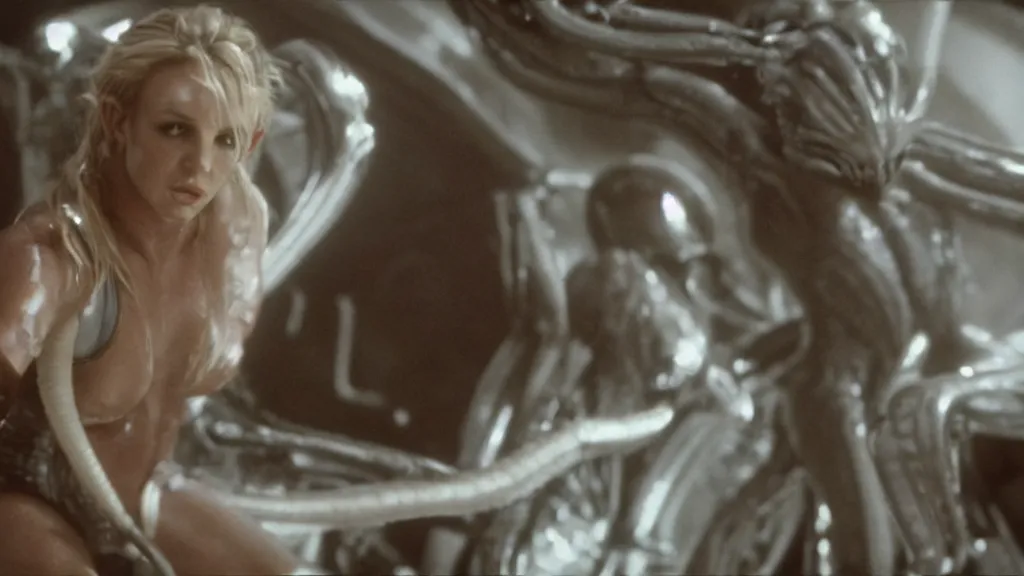 Image similar to film still of britney spears in Alien, xenomorph leaning upto her face, cinematic-shot, 4k