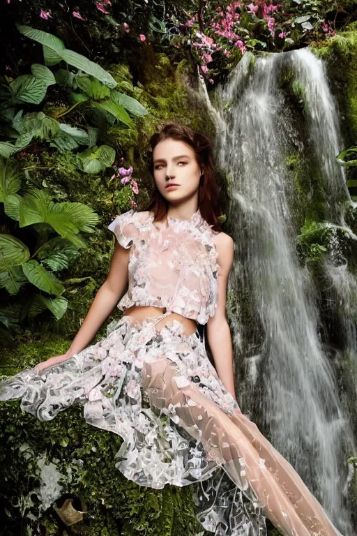 Image similar to cute cybernetically - enhanced young model in nature wearing valentino 2 0 1 3 spring floral, lace, patterned, sheer skirt, lounging by a holographic waterfall, tranquil cyber fashion photoshoot