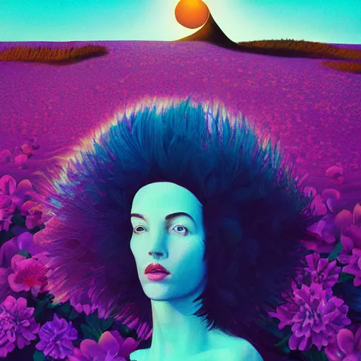 Image similar to portrait, giant purple dahlia flower head, woman between dunes, surreal photography, sunrise, blue sky, dramatic light, impressionist painting, digital painting, artstation, simon stalenhag