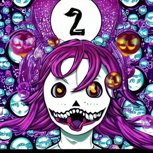 Image similar to portrait of a anime angel happy smiley girl skull face with bubbles in background detailed highres 4k by Trevor Brown pop art nouveau