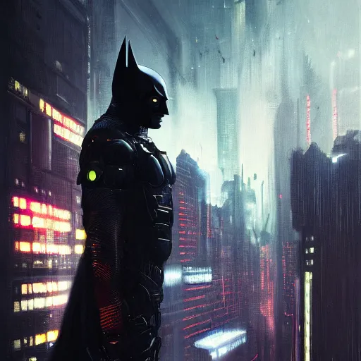 Image similar to cyberpunk batman with fullface mask, wide shot, moody, futuristic, city background, brush strokes, oil painting, greg rutkowski