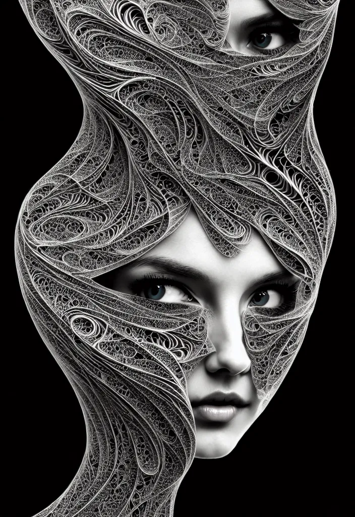 Image similar to young beautiful woman with a partially face covering mask. fractal, mandelbulb, scribble art. black and white, black on black. intricate, elegant, super highly detailed, professional digital painting, smooth, 8k, 3D, beautiful, cinematic. art deco, art nouveau.