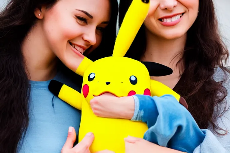 Prompt: a young skinny woman with long dark hair hugging a pikachu