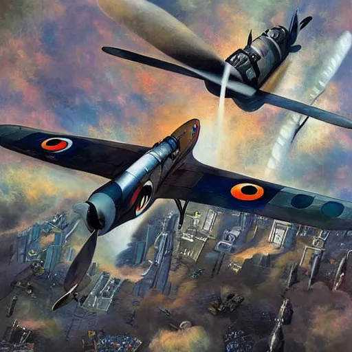 Prompt: ww2 spitfire plane flying through futuristic city, highly detailed, painting, brushstroke, anime artwork