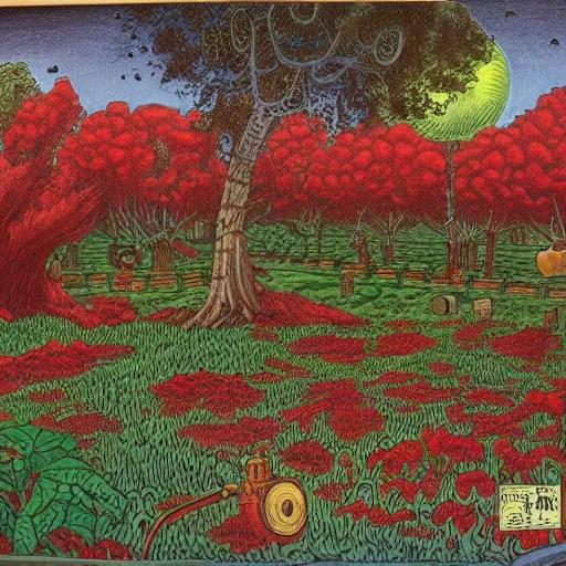 Prompt: warm red, steampunk eclectic, shadowy by shotaro ishinomori, by todd schorr. a beautiful drawing depicting a farm scene. the drawing shows a view of an orchard with trees in bloom.