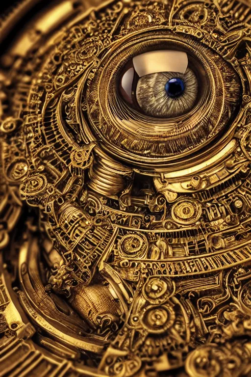 Prompt: a macro photo of a mechanical eye, close - up, intricate details, intricate gears and lenses, intricately detailed engravings, intricately detailed markings, intricate textures, warm lighting, vivid colors, realistic octane render, hyper realistic render, volumetric shading, depth of field, raytracing, 8 k,