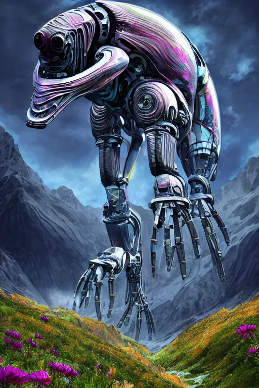 Prompt: detailed nacreous hard shell alien biomechanical orca mecha floating above a picturesque mountain meadow in the french alps. mathias kollros mark winters villeneuve lie setiawan lius lasahido manuel castanon. portrait vivid intricate vibrant elaborate inks unreal engine render.