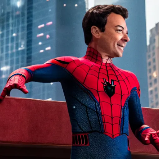 Image similar to jimmy fallon as spider man, spider - man homecoming movie, movie still, 8 k