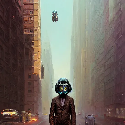 Image similar to a expressive portrait of masked diesel punk helmet on the art deco streets of the big city, artstation, award - winning realistic sci - fi concept art by jim burns and greg rutkowski, beksinski, a realism masterpiece, expressive color palette, james gilleard, bruegel, alphonse mucha, and yoshitaka amano